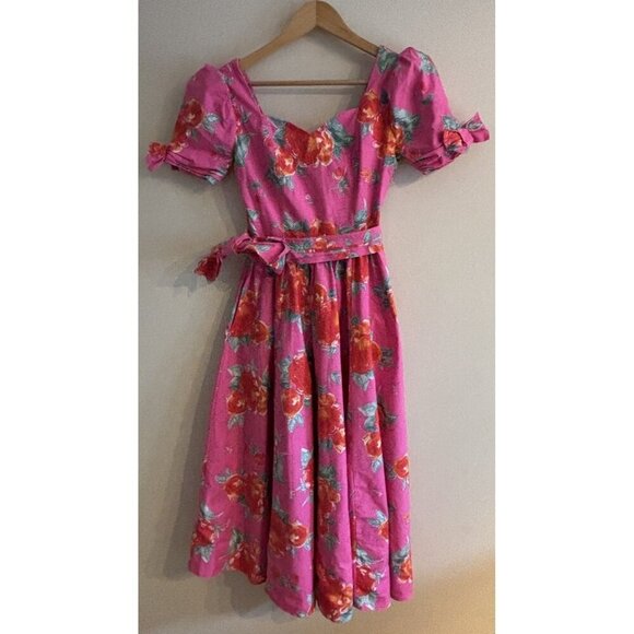Laura Ashley Dress 1980s Pink Floral Orange Pink Cotton Pleated Bow Dress Sz 6 - Picture 2 of 16